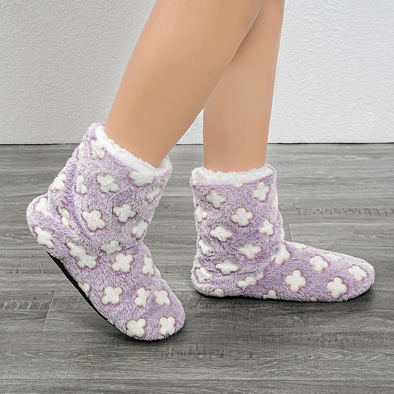 Women Christmas winter home boots Flannel Shell Printed Flower Cotton Boots Winter Home Warm Floor Shoes 2