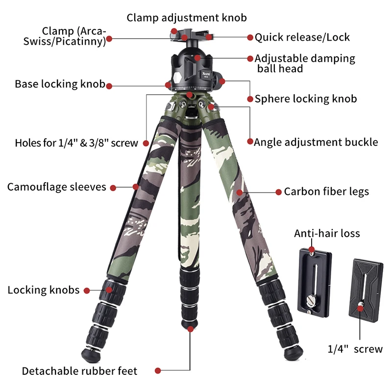 Carbon Fiber Travel Tripod with Arca Swiss/Picatinny Clamp 35kg Max Load for Hunting Shooting Outdoor Photography XILETU