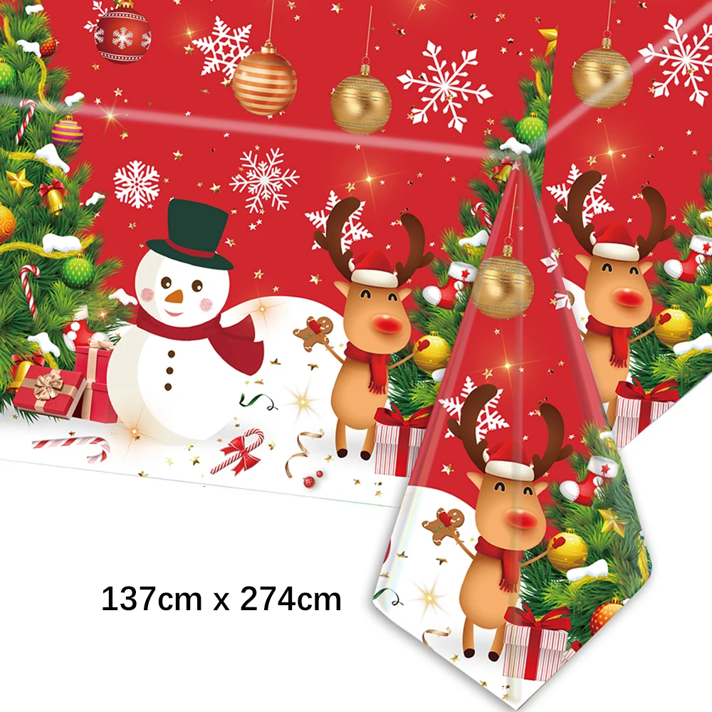 Christmas Disposable Tablecloth Santa Claus Snowman Plastic Table Cover Xmax Party Dining Table Cloth Christmas Decoration 2024