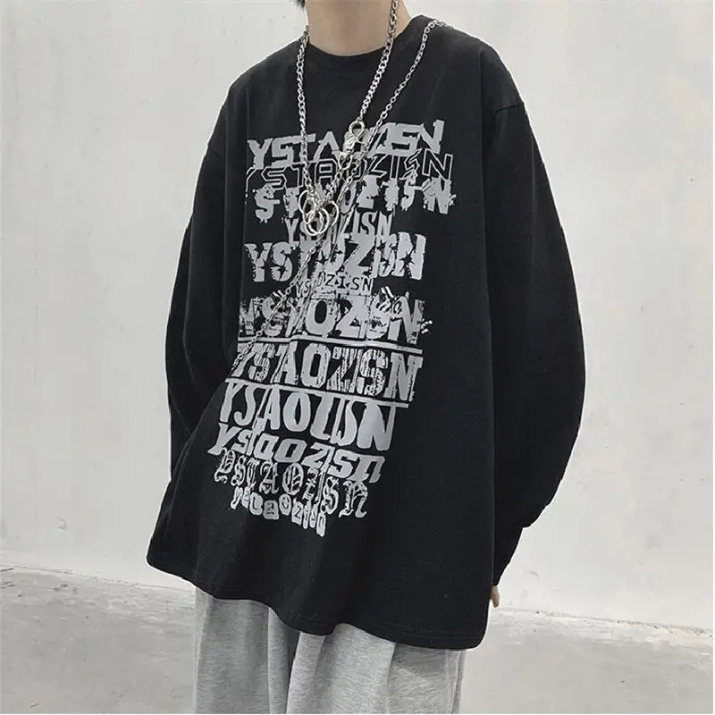 

Long-sleeve T-shirt Men's Autumn Hong Kong Style Casual Men Top Tees Graffiti Letter T-shirt Student Loose Round Neck T-shirt