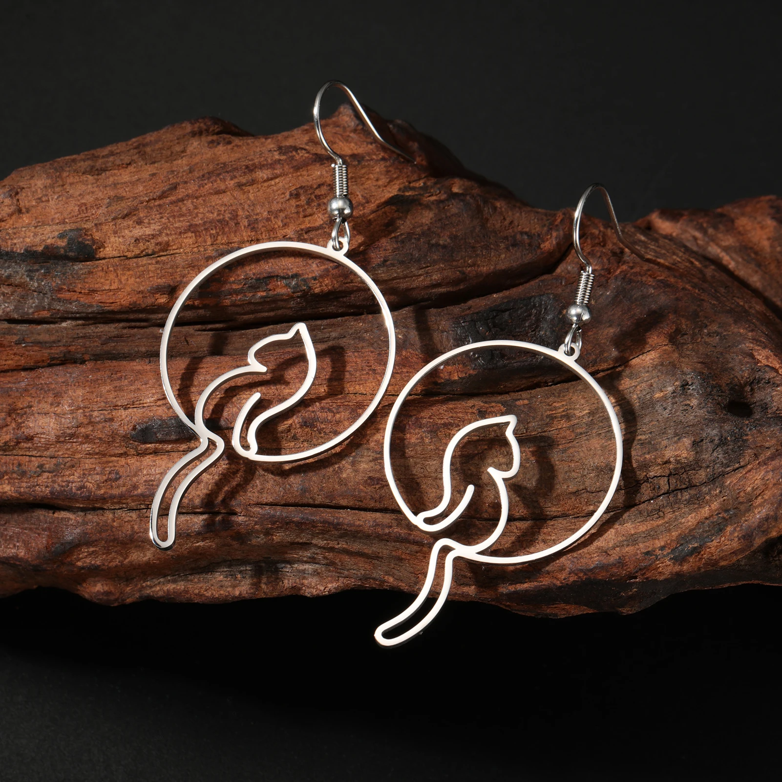 Cat Silhouette Drop Earrings for Women Stainless Steel Cute Cat Hollow Geometric Dangle Earrings Jewelry - PeticaDeals