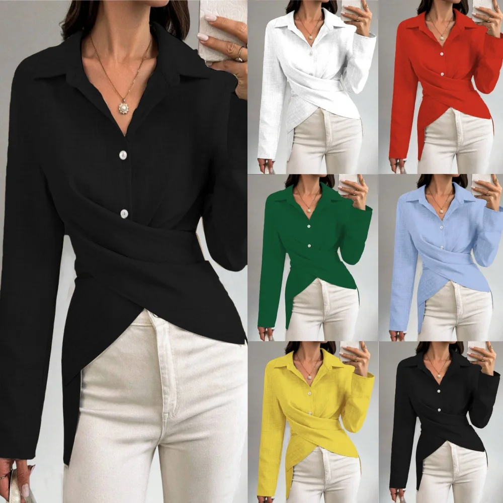Women Spring Summer Long Sleeve Button Blouse