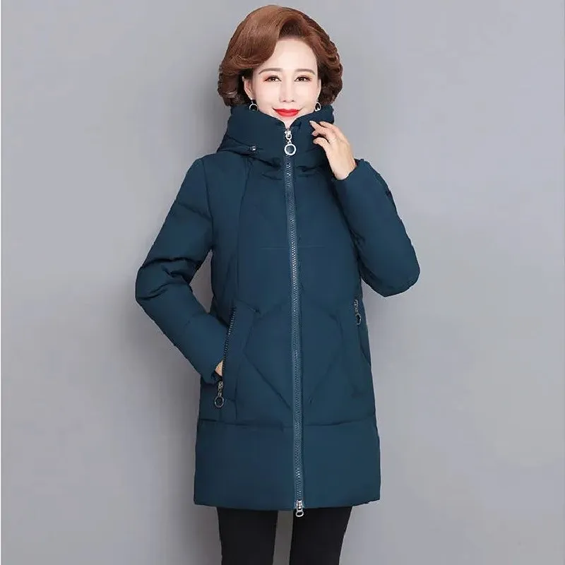 Cotton Padded Jacket Women's Parka 2022 New Winter Coats Long Sleeve Zipper Hooded Casual Middle-aged Clothes Mid-Length Outwear