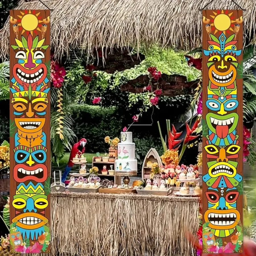 2pcs Hawaiian Luau Party Decoration Supplies Tiki Totem Door Banner Sign For Aloha Hawaii Luau Tropical Moana Birthday Party party decorations