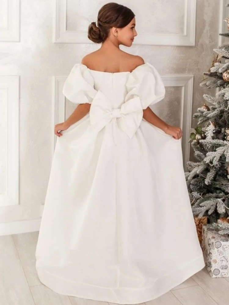 White Flower Girl Dresses Satin Diamond Belt With Big Bow Short Sleeve For Wedding Birthday Party Banquet Princess Gowns