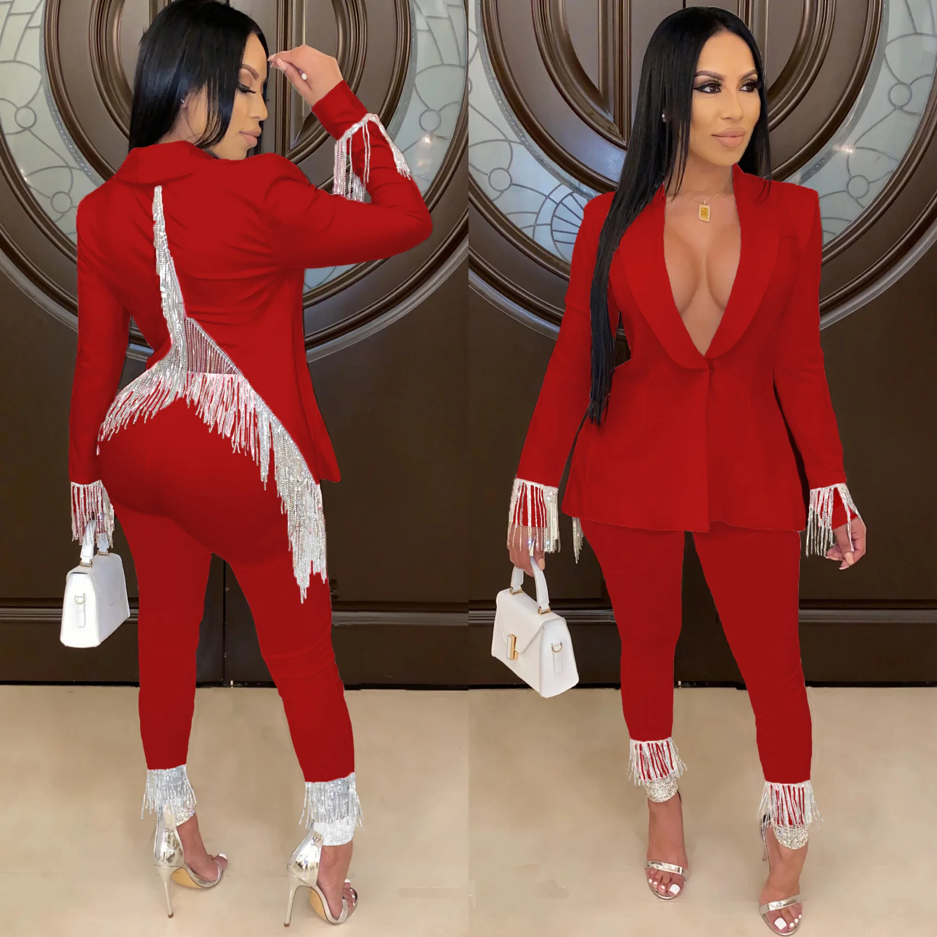 Sexy Backless Tassel Blazer 2023 Women Fashion Solid Colors Single Button Top+Pant Casual Office Professional Two-piece Suit