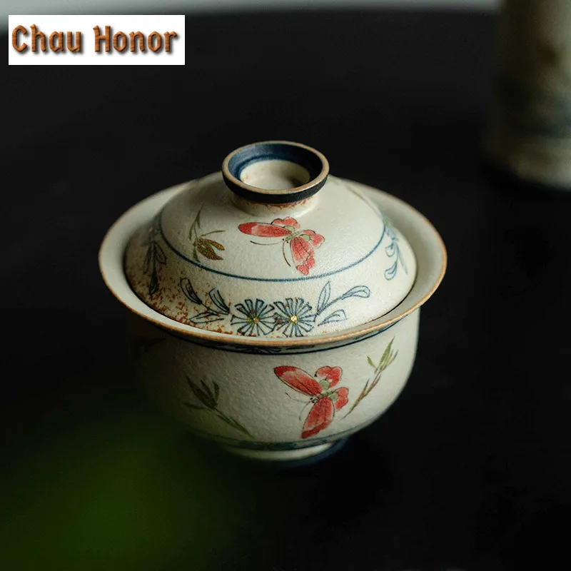 Handmade Gold Drawing Butterfly Orchid Teaware Blue And White Flint Red Tea Pot Tea Brewing Gaiwan Justice Cup Kung Fu Teaset