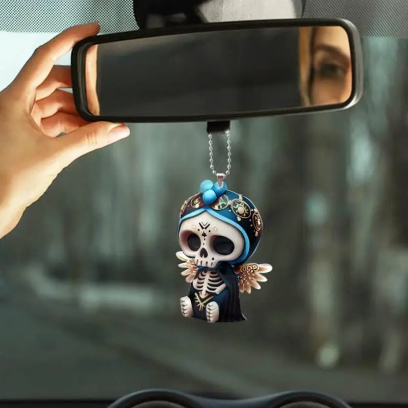 

Rear View Mirror Accessories 2D Acrylic Skeleton Figurines Halloween Black Skull Statue decor Doll Car Pendant,Best Present