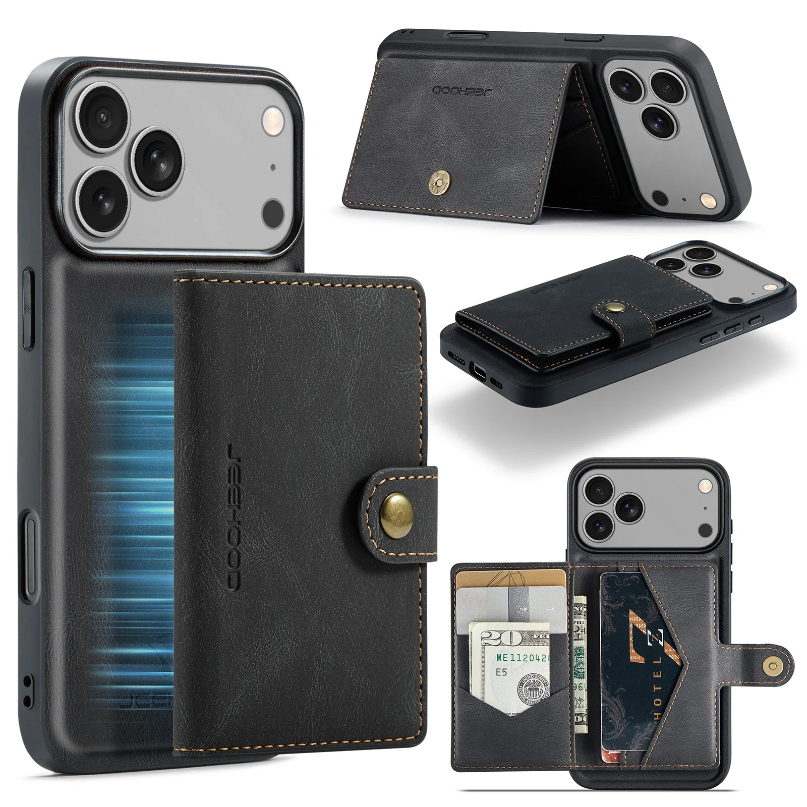 Magnetic Detachable Leather Wallet Case with Card Slot and Phone Holder