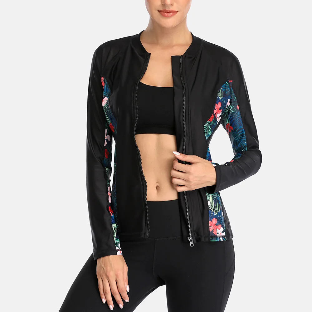 Women Rash Guard Surfing Swimsuit Floral Print Long Sleeve Zipper