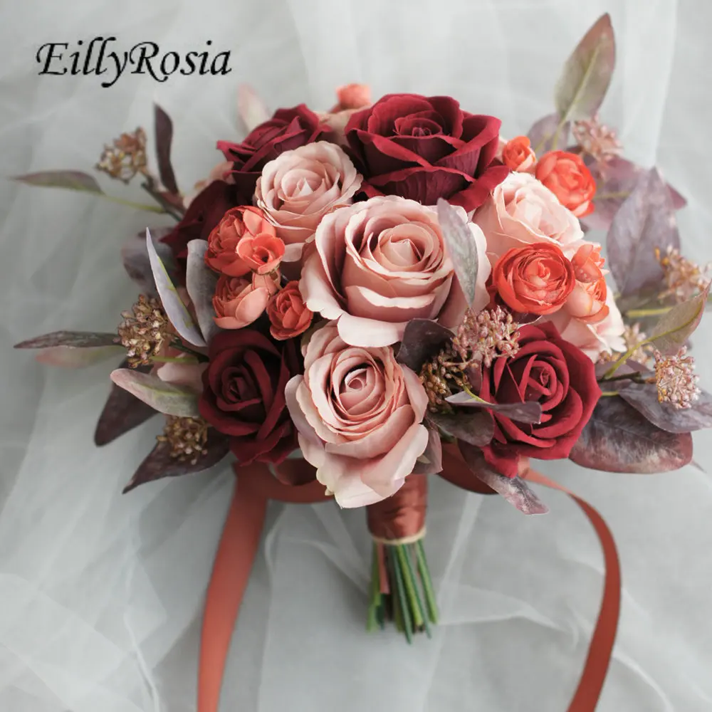 

EillyRosia Vintage Bride Holding Flowers Cappuccino Artificial Rustic Wedding Bouquet for the Bride Dark Red Roses Silk Ribbon