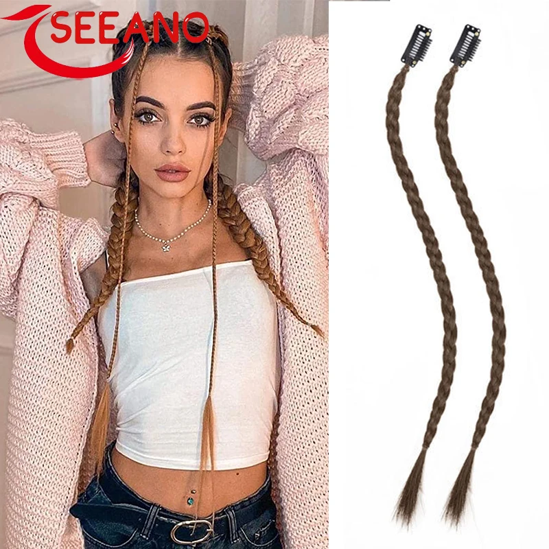 SEEANO 4 Pcs Synthetic Long Braiding Braid Clip in Hair Extensions Mixed Pink Gray Blue Pony Tail Braids Hairpiece 18 Inch