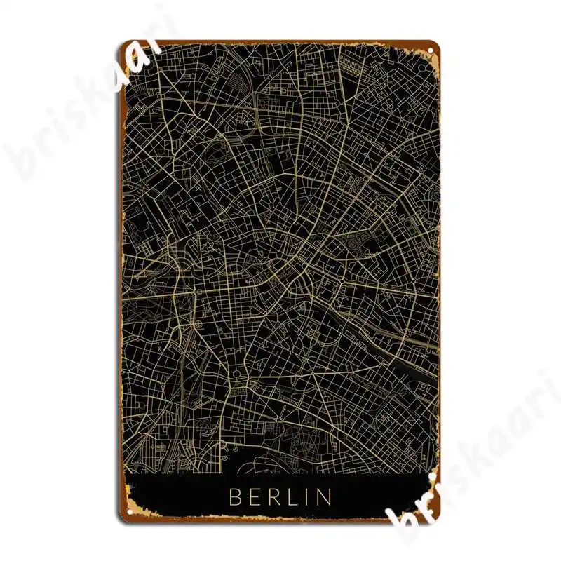 Berlino Map Black Gold Metal Sign Wall Cave Classic Living Room Wall Platform Tin Sign Poster
