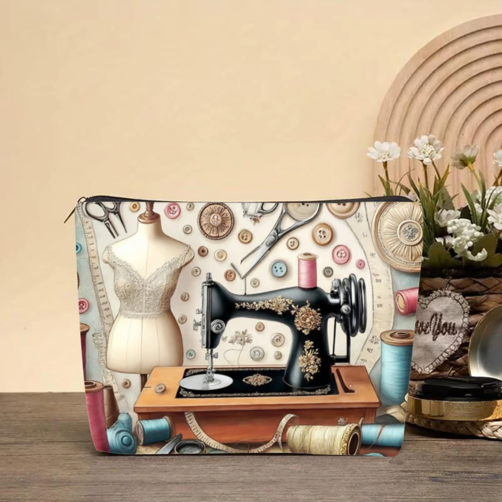 Kosmetiktasche mit Vintage-Nähmaschinen- und Stoffdruck, Make-up-Organizer mit Reißverschluss, leicht, faltbar, Reiseetui, Aufbewahrungstasche – Detail 3