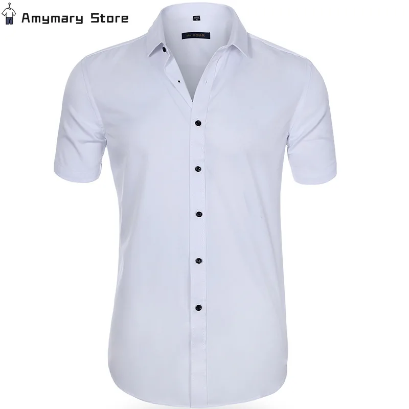 New Men's Solid Color Elastic Short Sleeve Shirt Summer Business Casual Easy Care Wrinkle Free Work Shirts Slim Button Shirt Top