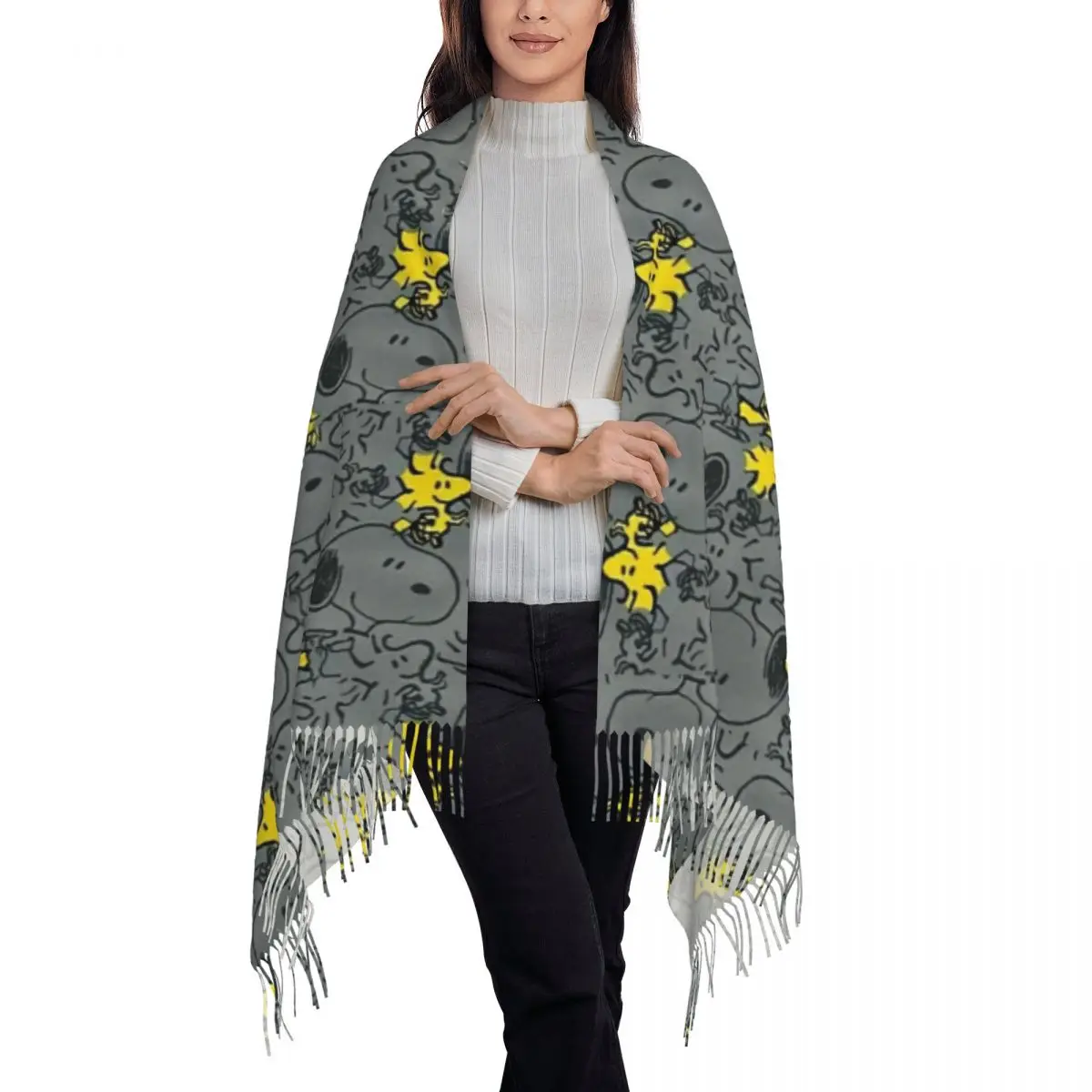 Custom Ladies Long S-Snoopys Woodstock Anime Pattern Scarves Women Winter Fall Thick Warm Tassel Shawl Wrap Scarf 3