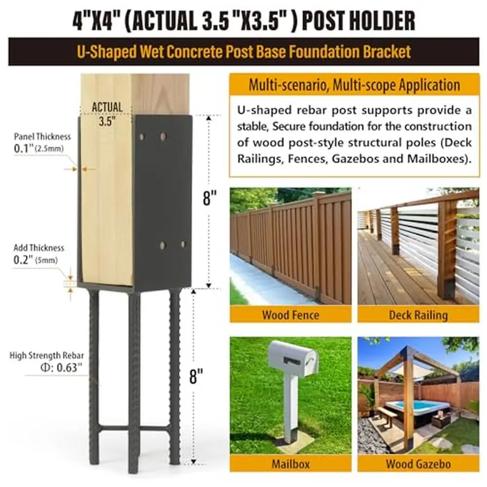 Heavy Duty Steel Post Base Holder 4"x4" Wood Posts Rust-proof U-Shape Bracket Easy Installation Includes Complete Set of Screws