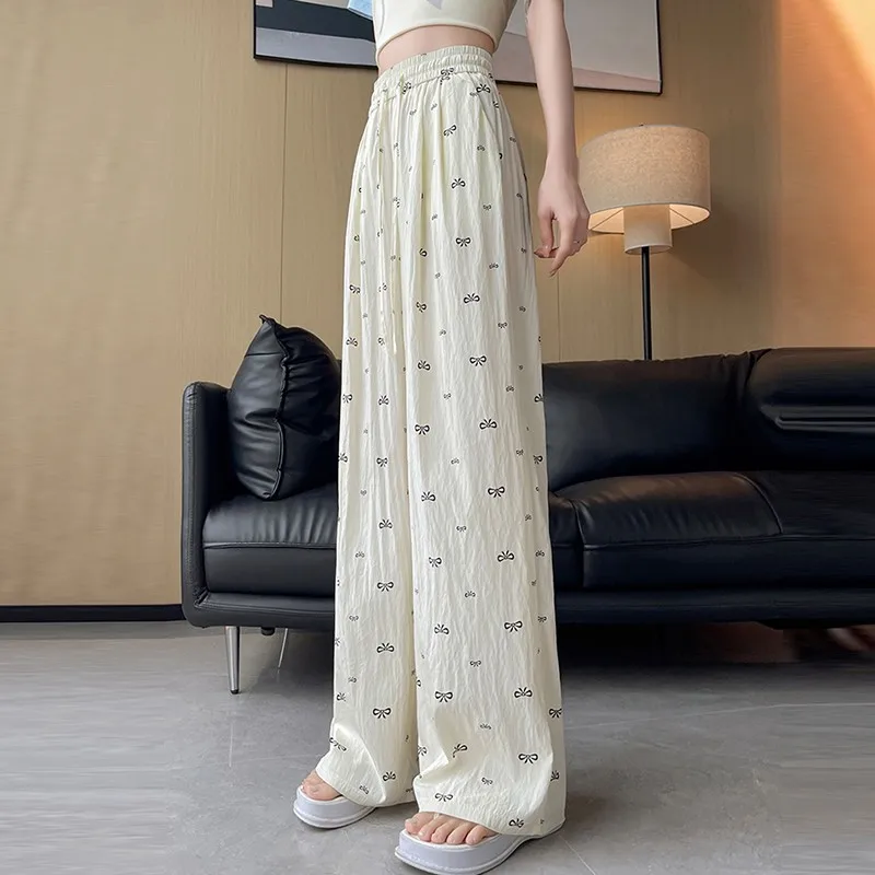 Women Summer Casual Trousers New Arrival 2024 Korean Style Bows Pattern Basics Loose Female High Waist Wide Leg Pants W1772