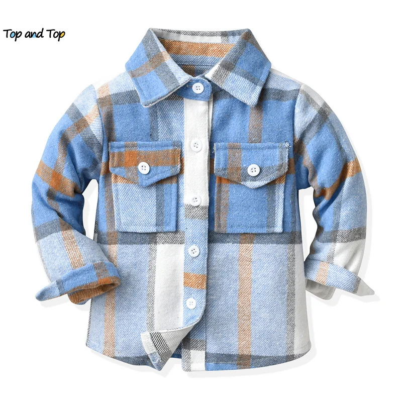 Top and Top Autumn Winter Unisex Baby Boys Girls Long Sleeve Cotton Plaid Shirts Infant Toddler Casual Button Down Blouses Tops