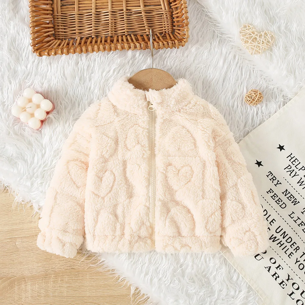 New Winter Girl's Coat Hairy Thick Fleece Jacket Jacket Solid Color Printed Round Neck Zipper Cardigan