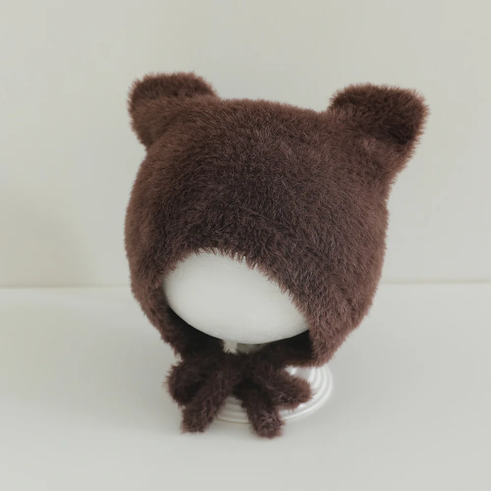 Baby-Strickmütze, 48–50 cm, für Mädchen und Jungen, gestrickt, niedliches Kleinkind, warme Ohrenklappe, Krawatte, Beanie, Teddybär, dicke Wintermütze, weiche Kindermütze – Detail 10