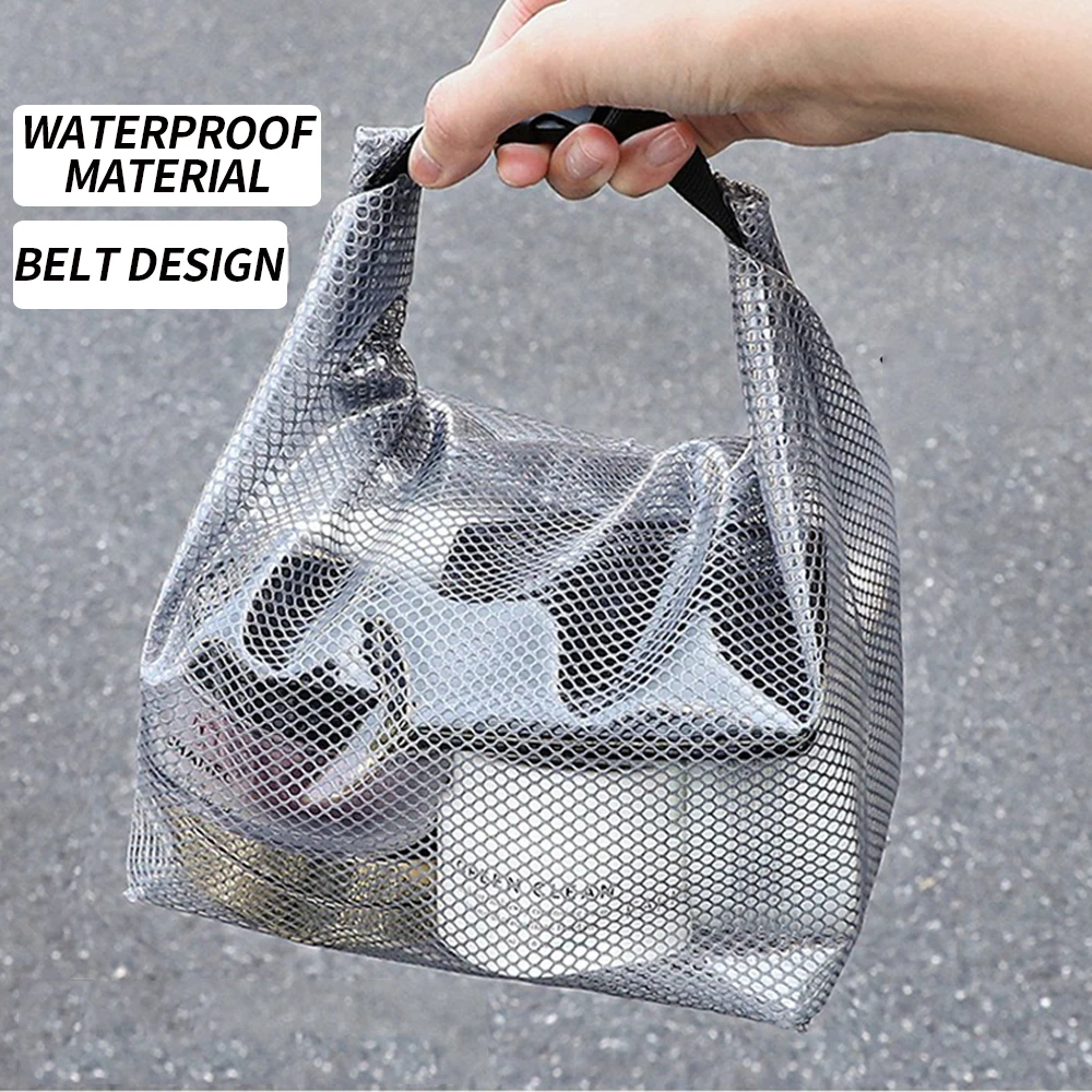 Waterproof Mesh Toiletry Bag - Drawstring Cosmetic Organizer with Quick-Release Buckle and Transparent Travel Pouch