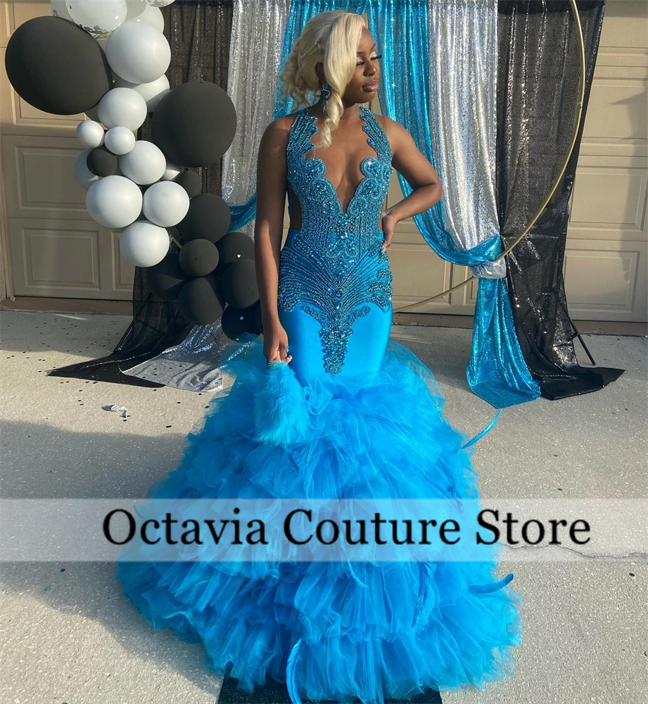 Blue Bead Crystal Long Prom Dresses Black Girls Rhinestone Birthday Luxury Dress Tiered Ruffles Graduation Gown Customized