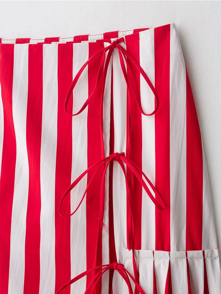 Women's Red White Stripe Skirt Summer Ruffle Bow Midi Skirt Chic Fashion Elegant Women Holiday Beach Long Skirt 2025