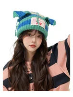 Шапка в полоску, нишевой дизайн, персонализированная вязаная шерстяная шапка с кошачьими и свиными ушками, милая Теплая Зимняя Шапка-бини — изображение 3