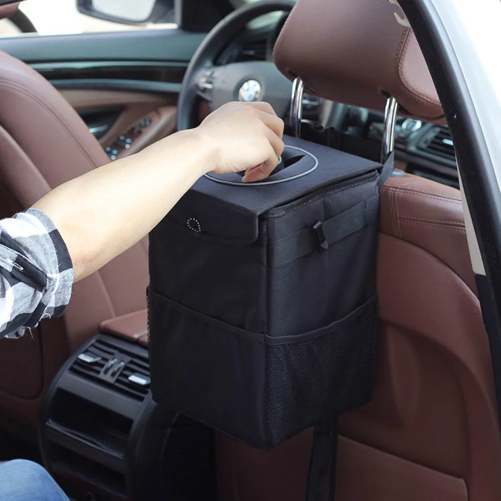 Car trash can waterproof car trash can bin auto car accessories organizer garbage dump for trash can cars storage pockets closeable portable