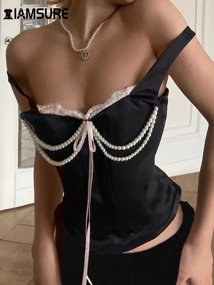 

IAMSURE Elegant Fashion Vintage Coset Top French Style Slim Patchwork Lace Camis Tops Women 2023 Summer Fashion Ladies Clubwear