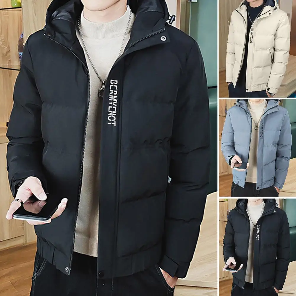

Winter Coat Windproof Mid Length Men's Winter Cotton Coat with Hood Zipper Closure Pockets Warm Thickened