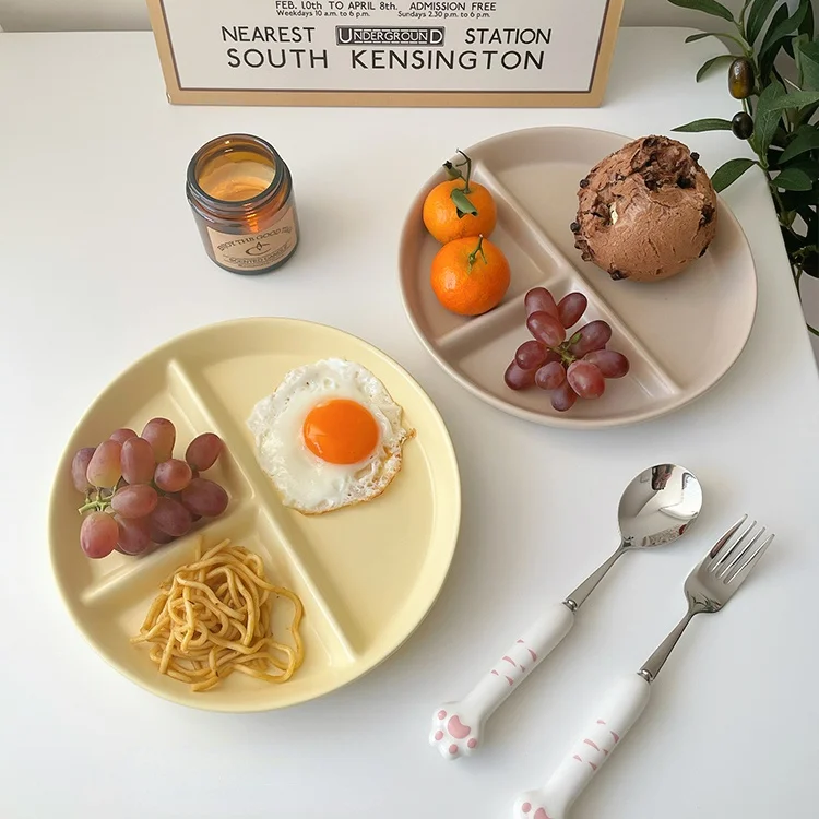 LadyCC Korean Matte Round Dining Plate Ceramic Three Grid Fruit Breakfast Flat Children's | Дом и сад