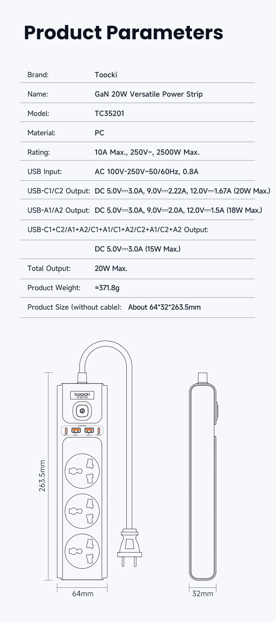 PD20W GaN Versatile Power Strip 2500W Max Universal 3AC Outlet S3a3d3c12530b47e09dc6bcde20ffeea2G