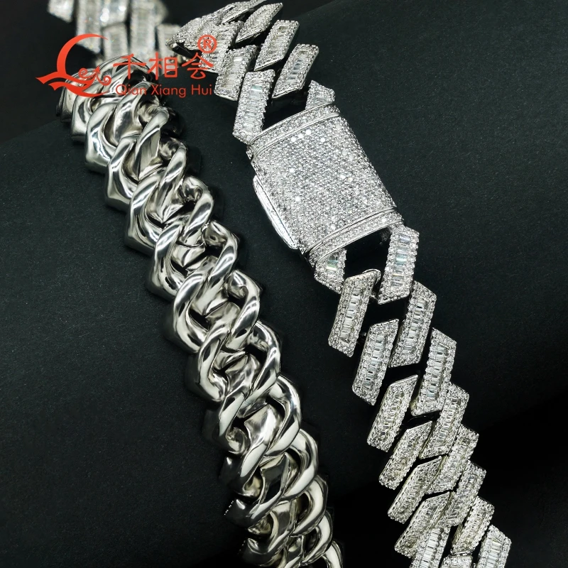 bracelet 18mm Wide trapezoidal rhombic baguette 925 Silver Cuban Link Iced Out Hip Hop white Moissanite  Chain Jewelry Women Men