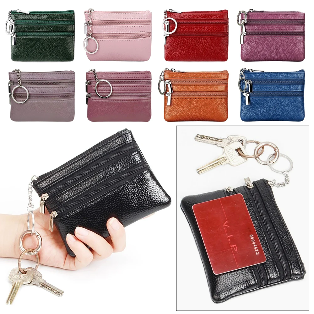 Elegant PU Leather Coin Purse with Key Ring and Zipper Closure