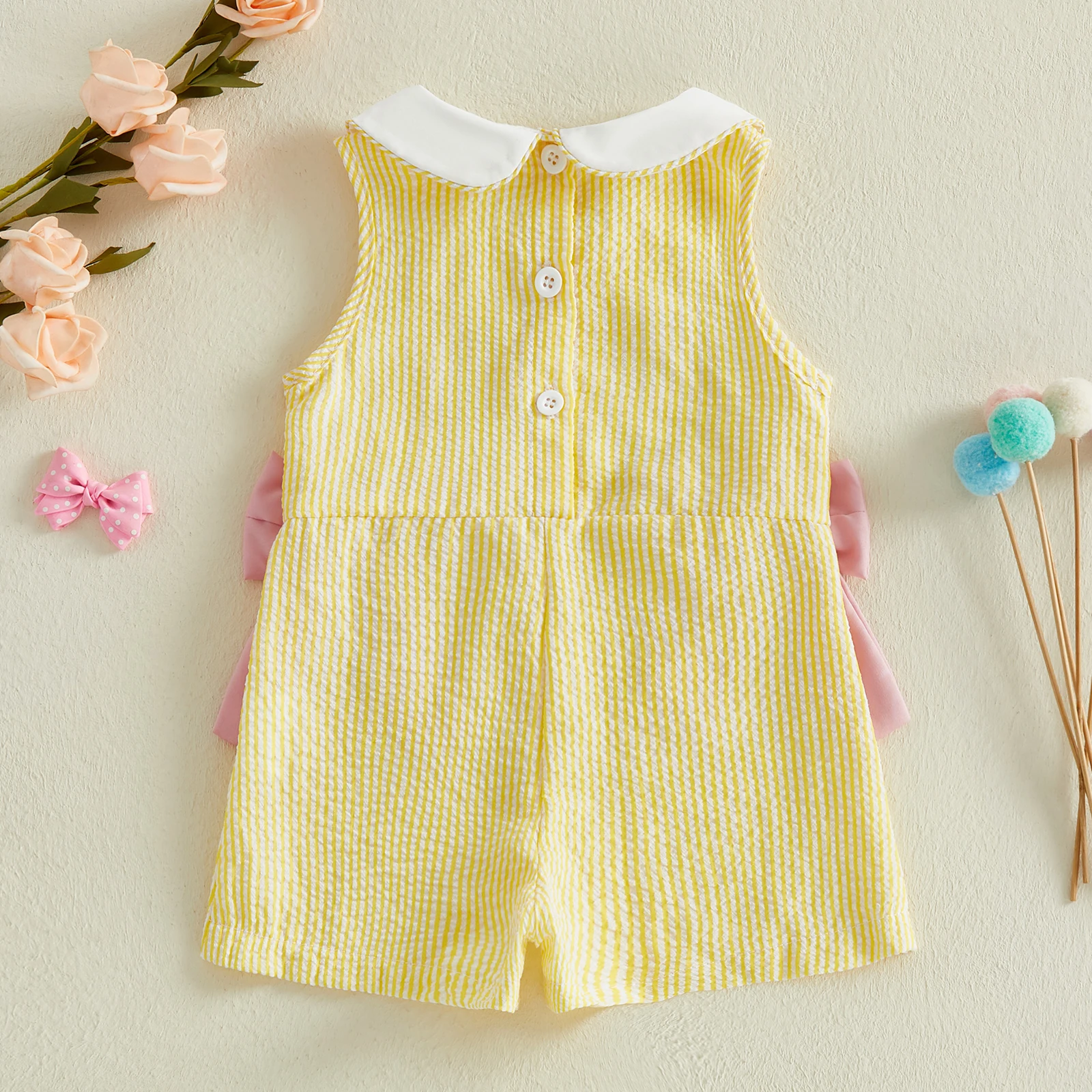 0-4Y Toddler Cute Doll Collar Jumpsuit for Girls Striped Bows Sleeveless Shorts Overalls 2026 Summer Casual Kids Clothes 5