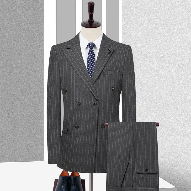 

2023 Winter New Men's Striped Ironing-Free Double-Breasted Suit Suit