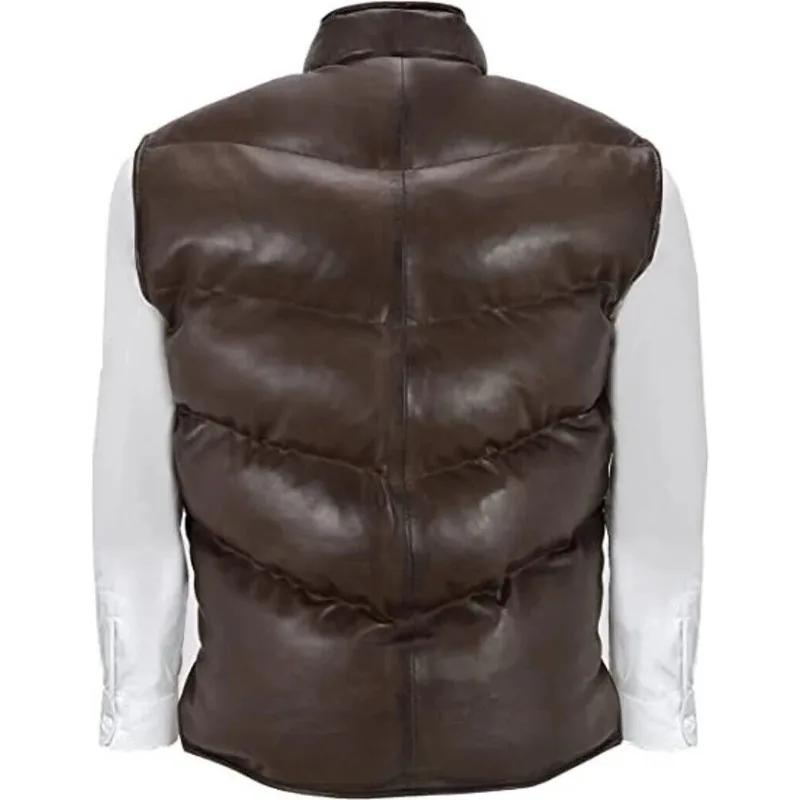 Leather Jacket Padded Puffer Vest Men's Genuine Real Lambskin Brown Jacket Coat
