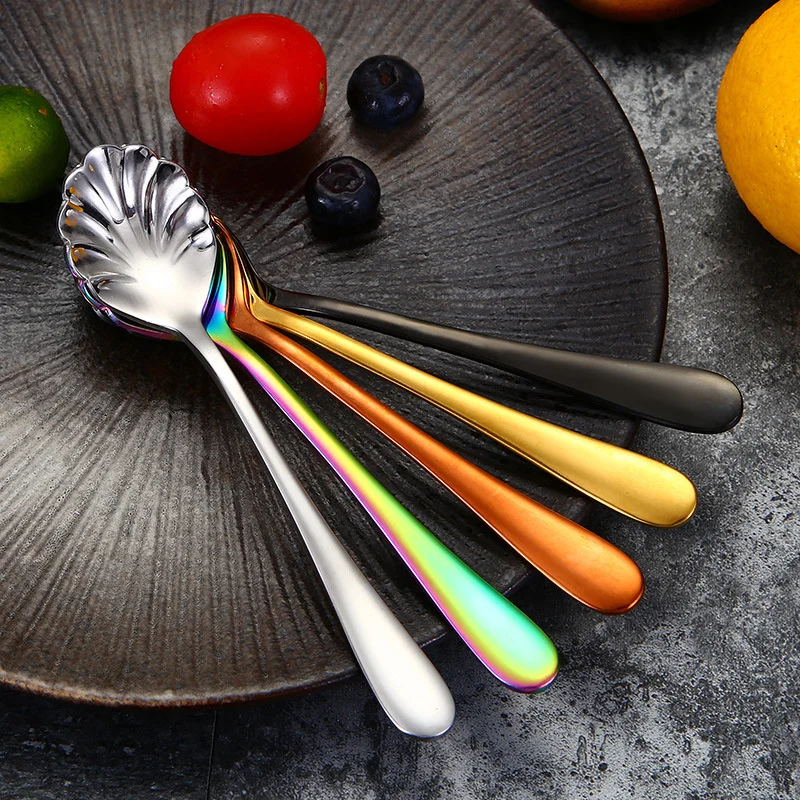 Creative Stainless Steel Shell Spoon Non-slip Multi-color Coffee Mixing Spoon Multi-purpose Dessert Spoons Kitchen Accessories