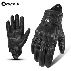 Premium Leather Summer Motorcycle Gloves - Retro Biker & Cycling Protection - S (Black-PU)