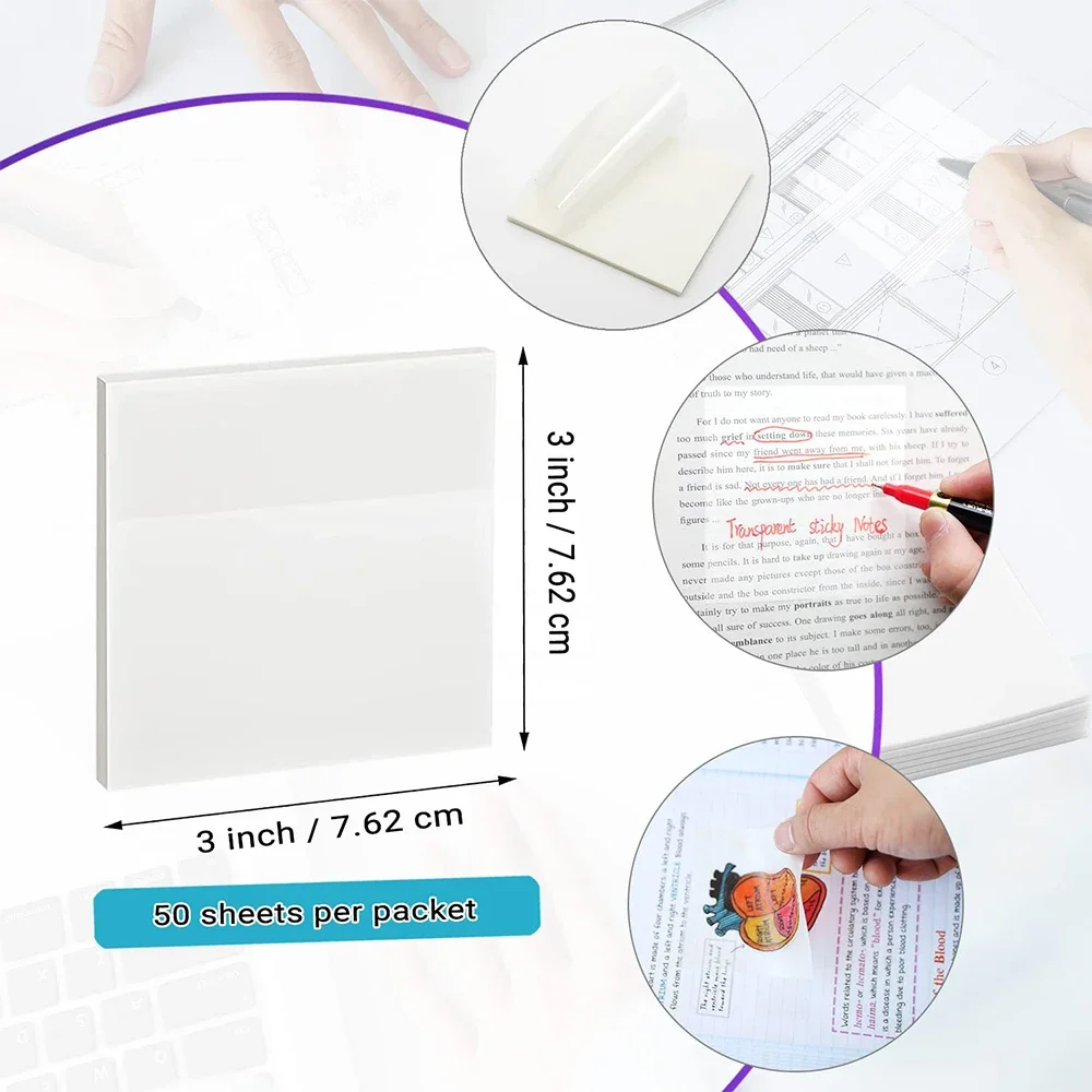 50 Sheets Transparent Waterproof Posted It Sticky Note Pads Notepad Clear Self-Adhesive Posits School Stationery Office Supplies 5