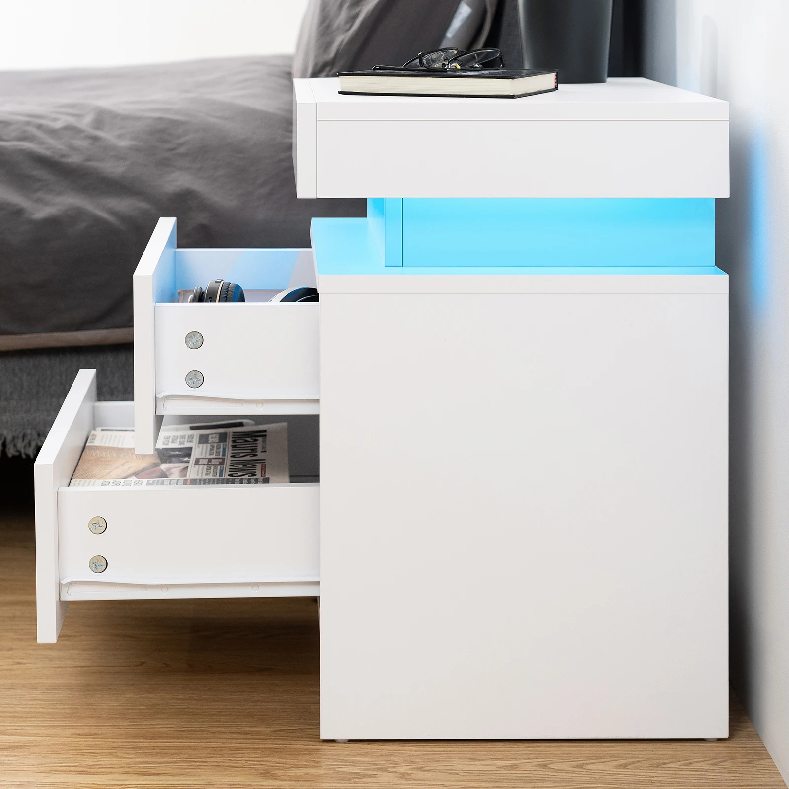 Nightstand RGB LED Light Bedside Table Cabinet with 2 Drawer Bedroom High Gloss 4