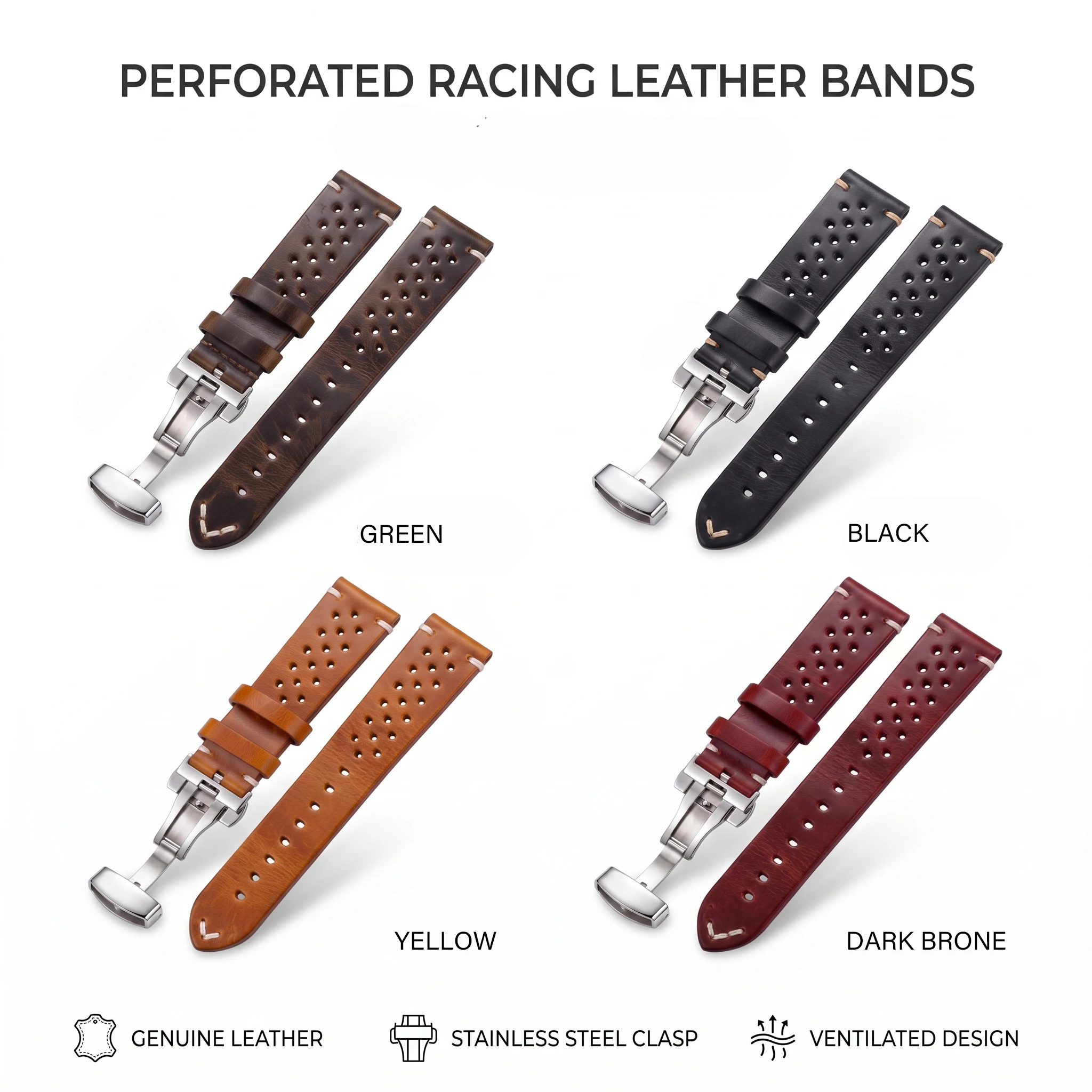 Luxury Genuine Leather Watch Strap with Butterfly Buckle – Available in 4 Elegant Colors