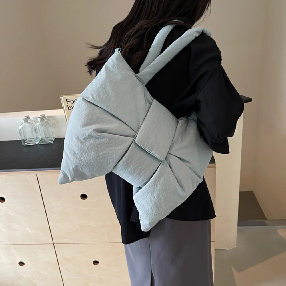 Nylon Puffer Shoulder Bag Women Bowknot Tote Bag Adjustable