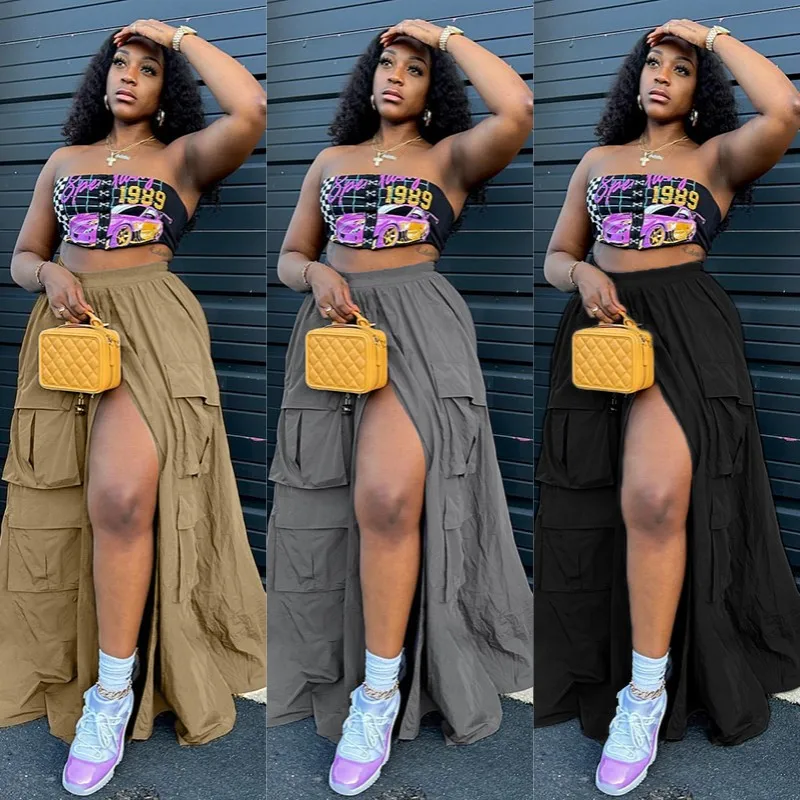

Aniow Solid Multiple pockets Patchwork Split High Waist Long Skirt Casual Cargo Skirts Streetwear Clubwear Women Bottoms