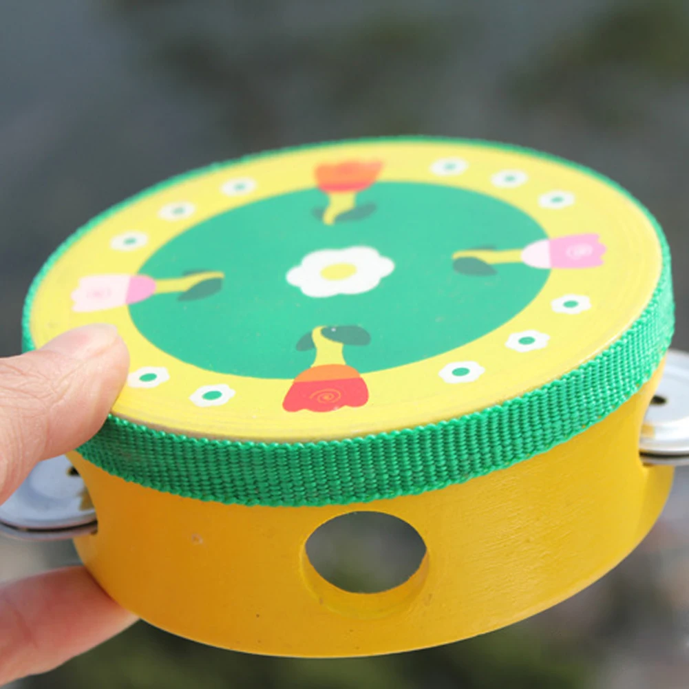 10cm Wooden Tambourine Drum Bell Manual Color Random Musical Instrument Percussion Teaching Aids Lightweight for Kids Party Game