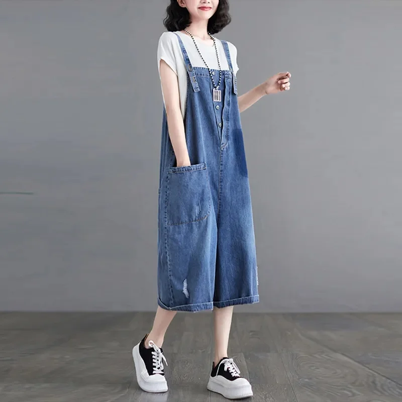 Denim Playsuits Women's Summer New Strap Shorts Over Knee Mid long Casual Jumpsuit Pant with Strap Wide Leg Pants Female Jeans