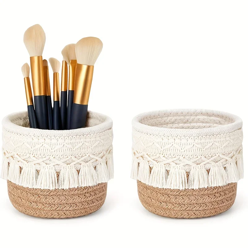 Description Picture 2 of item1pc Handmade Boho Chic Makeup Brush Holder Dual-Tone Woven Cosmetic Storage Basket with Tassel Detail Makeup Brushes Organizer