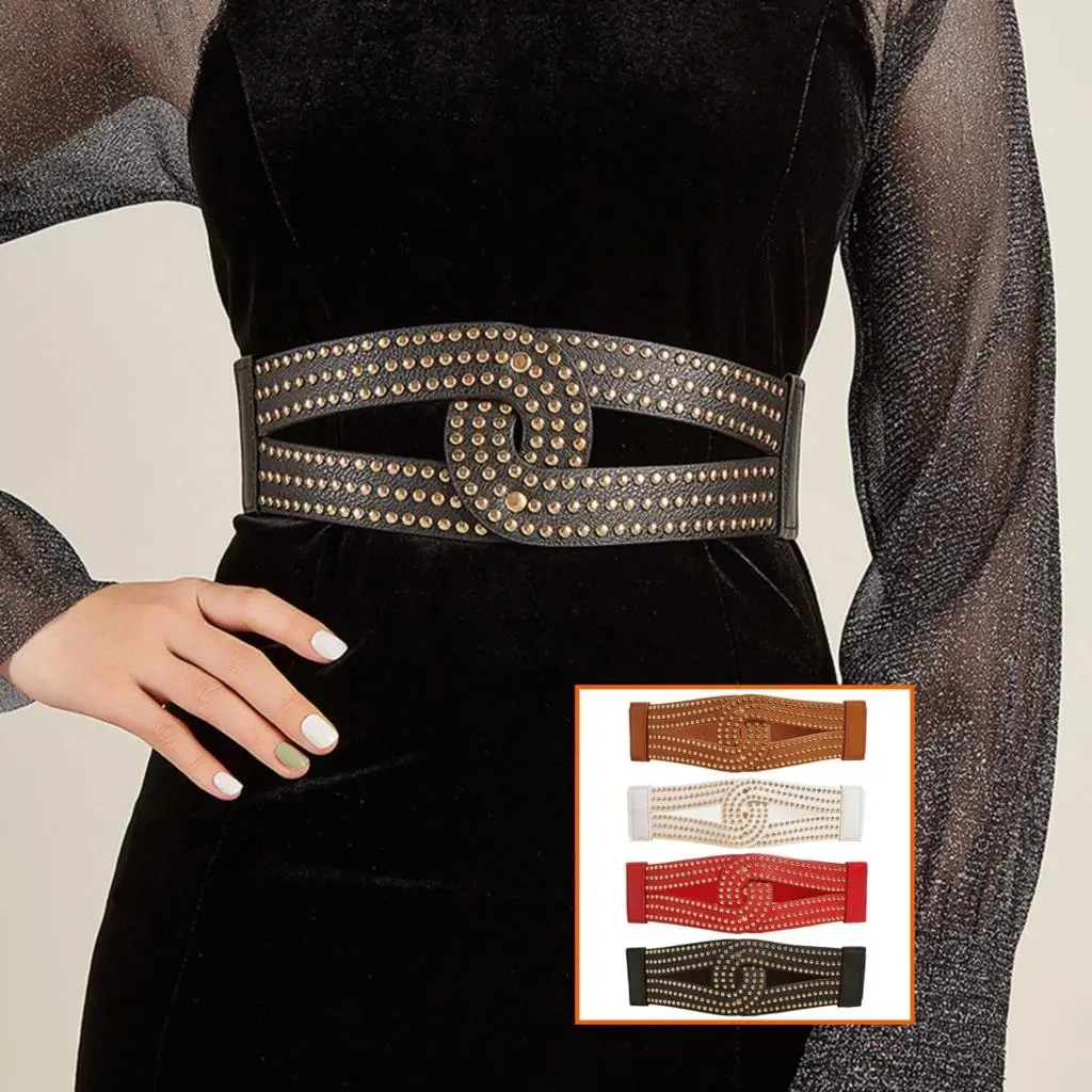 Ladies Vintage Elastic Waist Belt Black Rivet Stretchy Cinch Leather Party Dress Belt Accessories Women cinturones para vestidos